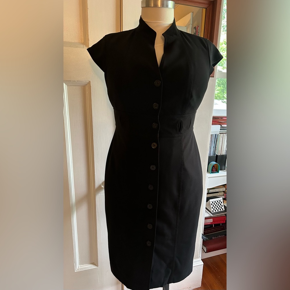 Calvin Klein Black Button Shift Dress with Cut out Waist Detail size 14